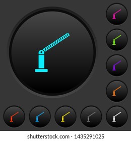 Opened barrier dark push buttons with vivid color icons on dark grey background
