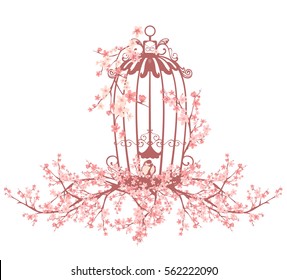 opened bird cage among blooming sakura tree branches - vector design element.