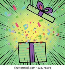 Opened birthday gift box with bow ribbon and colorful confetti  in comic style