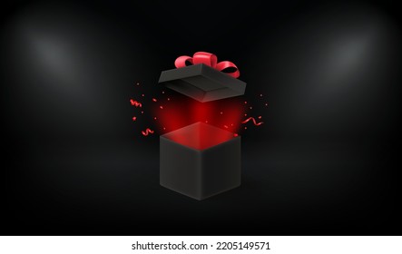 Opened black box on dark stage. 3d vector banner 