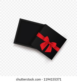 Opened black empty gift box with red ribbon and bow isolated on transparent background. Top view. Template for your presentation design, banner, brochure or poster. Vector illustration