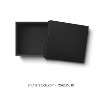 Opened black empty gift box isolated on white background. Top view. Template for your presentation design, banner, brochure or poster. Vector illustration.