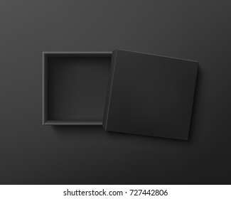 Opened black empty gift box on dark background. Top view. Template for your presentation design, banner, brochure or poster. Vector illustration.