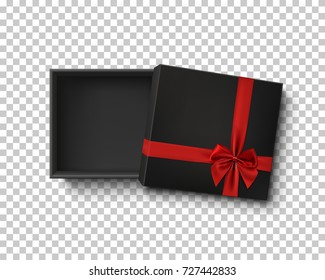 Opened black empty gift box with red ribbon and bow isolated on transparent background. Top view. Template for your presentation design, banner, brochure or poster. Vector illustration.