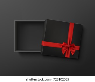 Opened black empty gift box with red ribbon and bow on dark background. Top view. Template for your presentation design, banner, brochure or poster. Vector illustration.