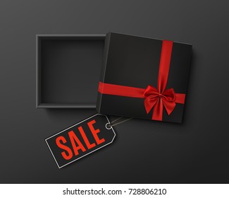 Opened black empty gift box with red ribbon, bow and sale price tag on dark background. Top view. Template for, banner, brochure or poster. Vector illustration.
