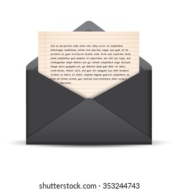 Opened Black Envelope With Paper Note Template : Vector Illustration