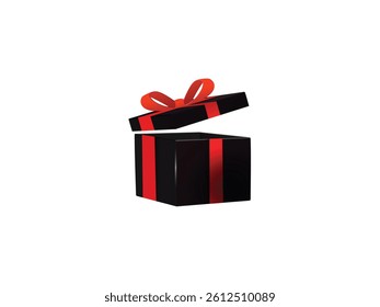 Opened Black gift box with red bow and lights
