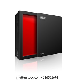 Opened Black Modern Software Package Box Red Inside For DVD, CD Disk Or Other Your Product EPS10