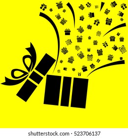 Opened black present box with small present box on yellow background