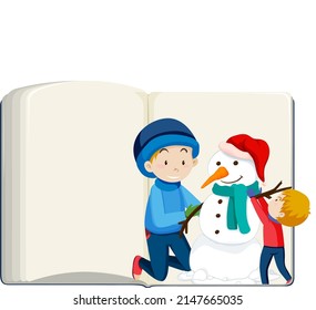 Opened blank book with Children and snowman illustration