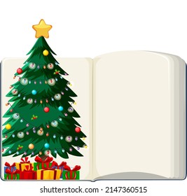 Opened blank book with Christmas tree illustration