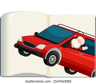 Opened blank book with Santa Claus in car illustration