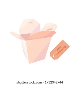 Opened blank fast food box mockup stand isolated. WOK packaging. Vector cartoon flat illustration isolated on white background. Empty clear noodle carton box. Meal container fries packaging.