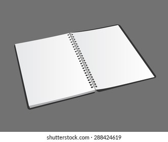 Opened blank spiral notebook on gray background with soft shadows. Vector realistic illustration.