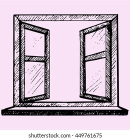 opened blank window frame doodle style sketch illustration hand drawn vector
