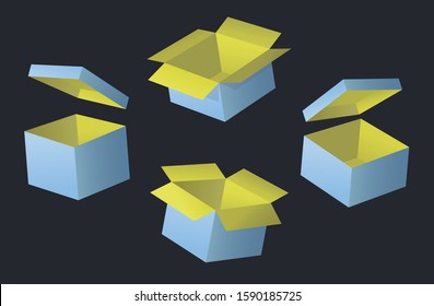 opened blue cardboard box yellow inside, simple vector illustration set