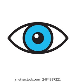 Opened blue eye icon sign isolated on white background. Look, see, sight, view sign and symbol. Vector linear graphic element. Optical and search theme in minimal design style. Eye pupil with glare.