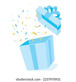 Opened blue gift box. Confetti fly out of the box. Flat vector illustration of big present box