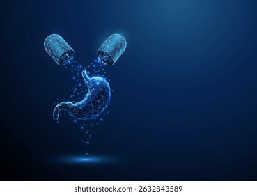 Opened blue medical drug capsule with falling particles on stomach Healthcare medical pharmacy, gastric disease, therapy, digestive health concept Low poly futuristic wireframe technology style Vector