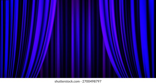 Cortinas de teatro azul abierto con bolsa de drapeado para espectáculos de Broadway o circo. Ilustración vectorial realista de tejido drapeado plisado con textura de terciopelo y malla degradada