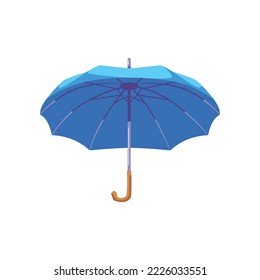 Opened blue umbrella with curved handle flat style, vector illustration isolated on white background. Rain protection, weather, decorative design element
