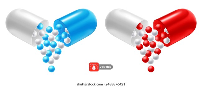 Opened blue white and red white capsule pills, Small balls fly out of them. Health supplement, vitamin complex, treatment. Medical or cosmetic beauty product concept. 3d realistic vector illustration