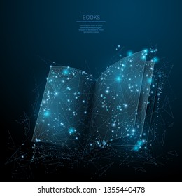 Opened book. Abstract wireframe vector illustration on dark blue. Learning and study concept. Low poly starry sky digital 3d modern image or background. Polygonal book sign.