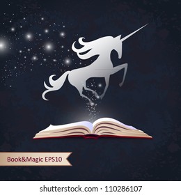 Opened book with attacking unicorn in magic glow