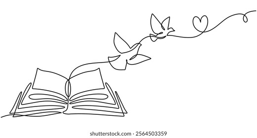 Opened book with birds and a love symbol in continuous line drawing. Depicting the union of knowledge, love, and freedom. Vector illustration hand drawn.