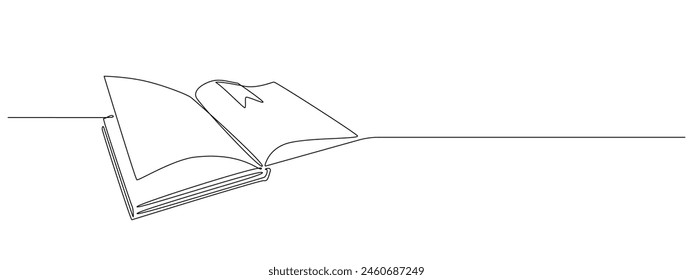 Opened book with bookmark in Continuous one line drawing . Education study and knowledge library concept in simple linear style. Editable stroke. Doodle outline vector illustration