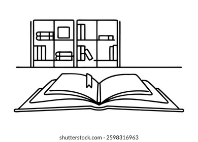 Opened book with bookmark Education study and knowledge library concept in simple linear style Hand drawn line art flat vector illustration