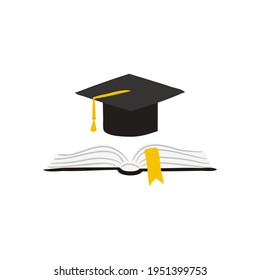 Opened book with bookmark and graduation cap isolated on white background. Hand drawn icons. Vector illustration for the theme of higher education, graduate, graduation.