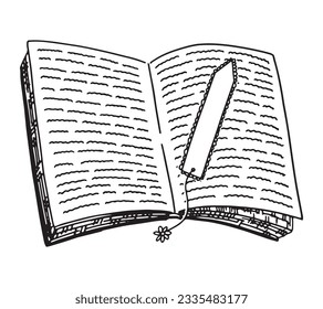 Opened book with bookmark. Outline drawing of library, reading. Hand drawn vector illustration. Engraving retro style clipart isolated on white background.