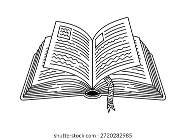 Opened book with bookmark sketch design. Book for reading, studying and education concept. Open textbook for bookstore design.