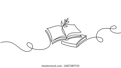 Opened book with branch of leaves. Corner frame. Continuous one line drawing. Education knowledge concept. Vector illustration line art