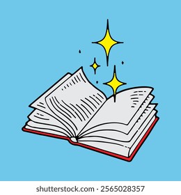 opened book browsing pages shuffling in vector style, cartoon, illustration