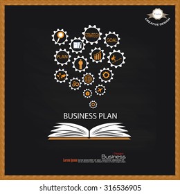 Opened book with business concept icons on chalkboard.business icon.vector illustration.