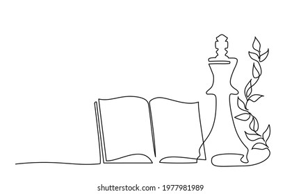 Opened book with chess queen and plant. Continuous one line drawing. Vector illustration