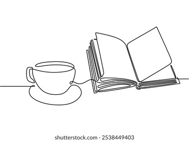 Libro abierto con café en dibujo continuo de una línea. Concepto de Educación que simboliza el estudio y la relajación.