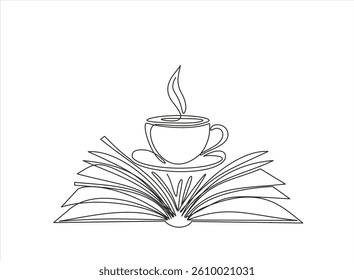 Opened book with coffee in continuous one line drawing. Education, relaxation or slow living concept. Vector illustration, editable stroke.