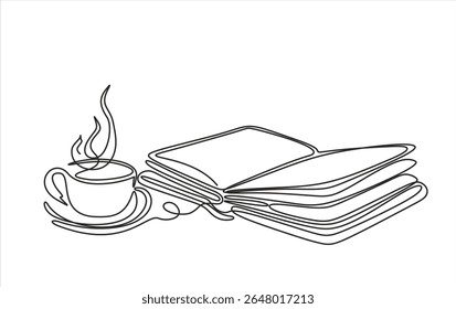 Opened book with coffee in continuous one line drawing. Education, relaxation or slow living concept. Vector illustration. Hand drawn one line vector. Editable stroke