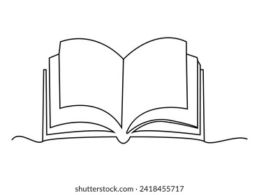 Opened book in continuous line drawing. Education study and knowledge library concept in simple linear style
