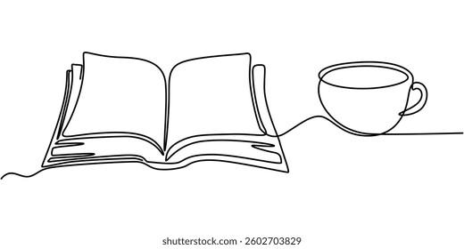 Opened book and cup of coffee with heart shape in continuous one line drawing, top view. Education, relaxation or slow living concept. Vector illustration, editable stroke. 