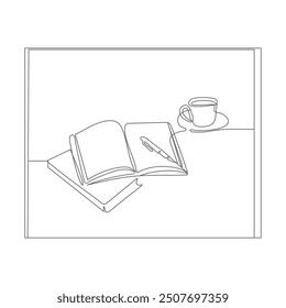 Opened book, cup of coffee and pen in one continuous line drawing. Writes in diary and knowledge library concept in simple linear style. Editable stroke. Doodle vector illustration. Book, coffee cup. 