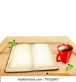 Opened book and cup of tea at wooden table, copy space