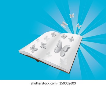 Opened book with cut out butterflies on blue background.