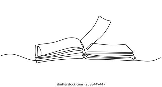 Opened book depicted in continuous one line drawing. Education concept highlighting reading and learning.