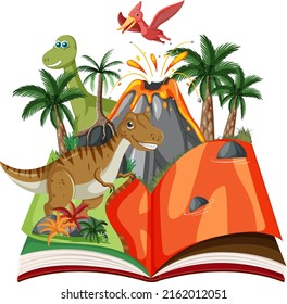 Opened book with dinosaur in prehistoric forest illustration