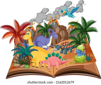 Libro abierto con dinosaurio en ilustración forestal prehistórica